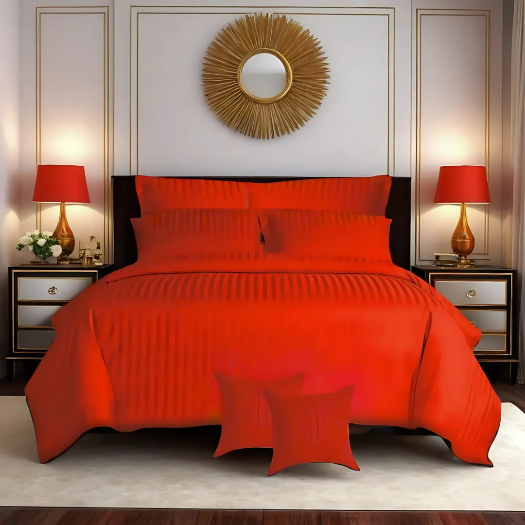 RED SATIN STRIPE DUVET COVERS SET 8 PCS