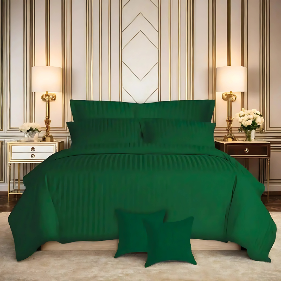 GREEN SATIN STRIPE DUVET COVERS SET 8 PCS