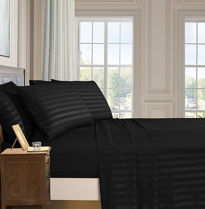 BLACK SATIN STRIPE BEDSHEET SET - 5 PCS