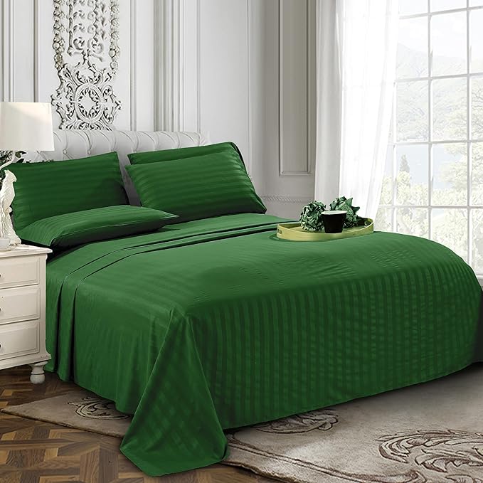 GREEN SATIN STRIPE BEDSHEET SET - 5 PCS