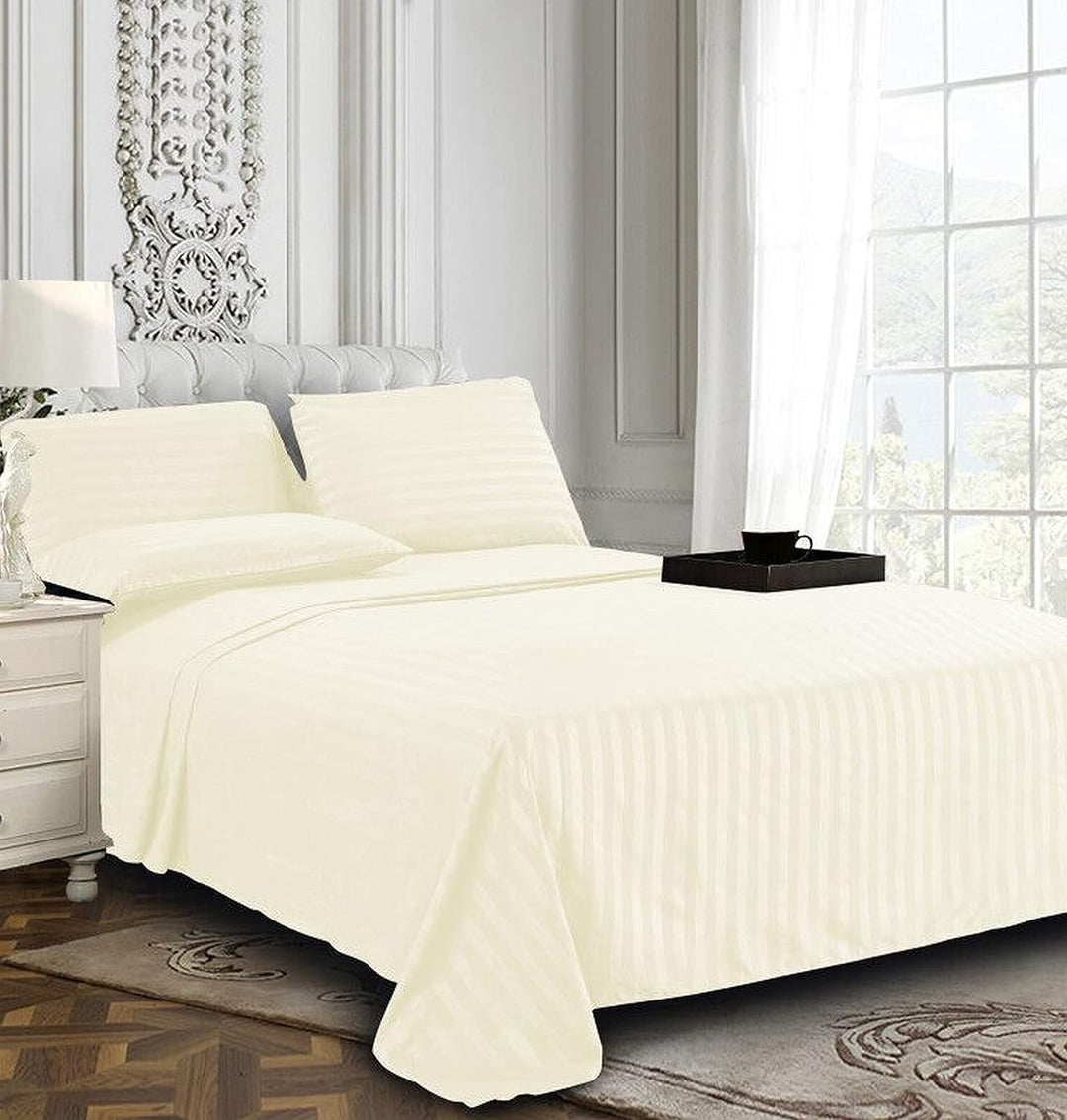 IVORY SATIN STRIPE BEDSHEET SET - 5 PCS