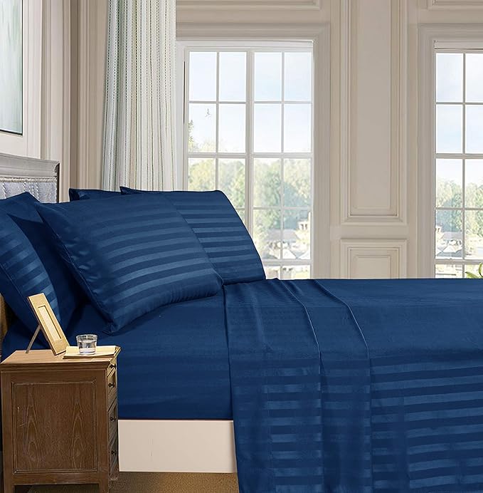 NAVY SATIN STRIPE BEDSHEET SET - 5 PCS