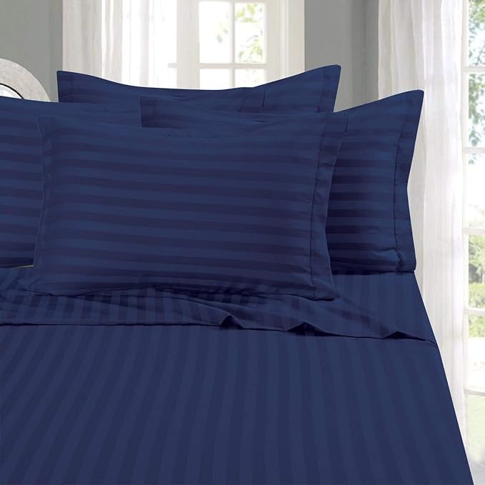 NAVY SATIN STRIPE BEDSHEET SET - 5 PCS