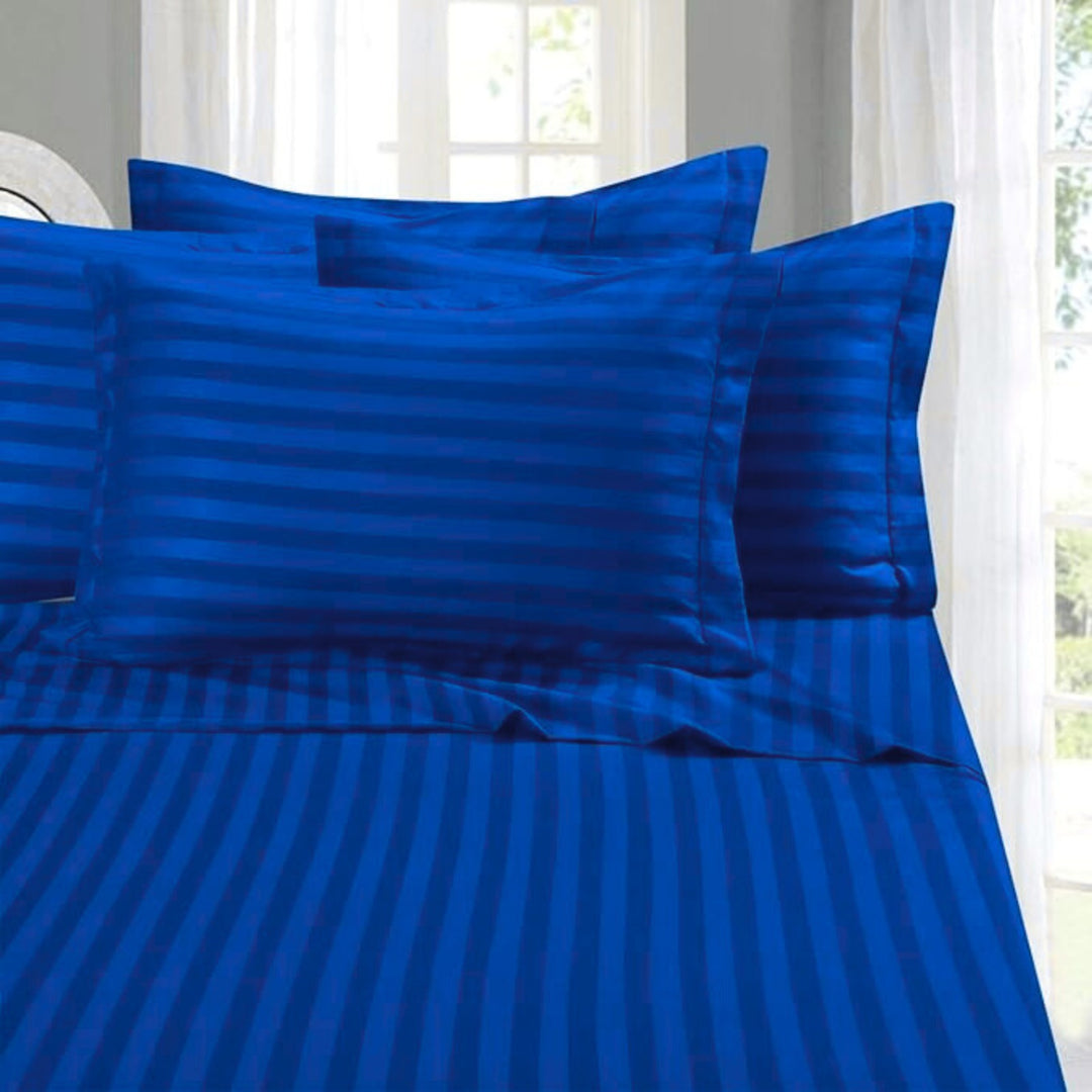 BLUE SATIN STRIPE BEDSHEET SET - 5 PCS