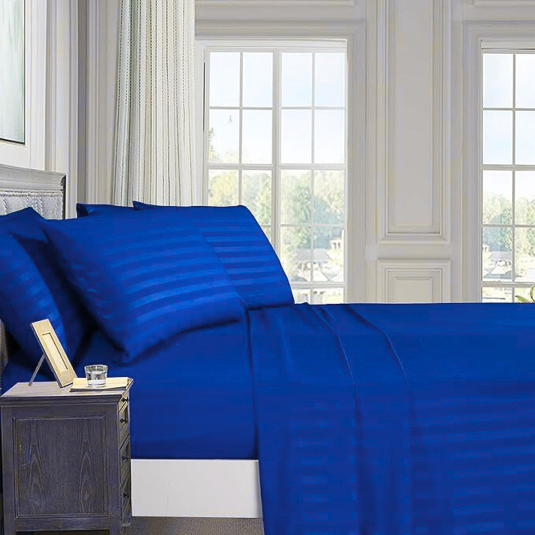 BLUE SATIN STRIPE BEDSHEET SET - 5 PCS