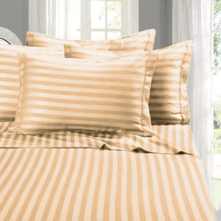 BEIGE SATIN STRIPE BEDSHEET SET - 5 PCS