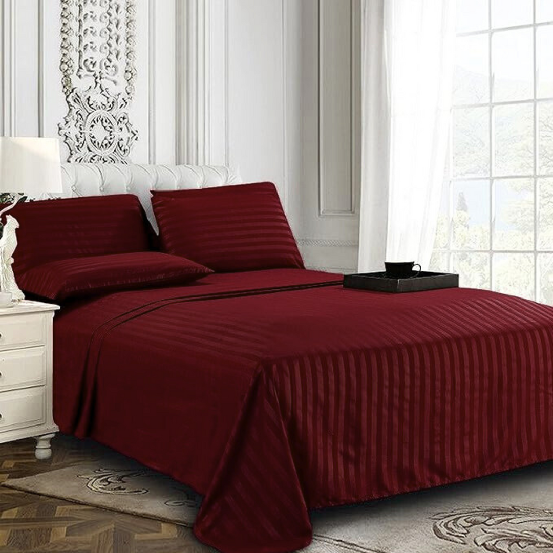 MAROON SATIN STRIPE BEDSHEET SET - 5 PCS