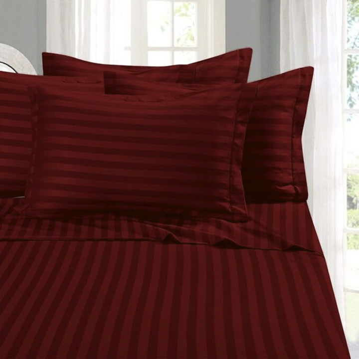 MAROON SATIN STRIPE BEDSHEET SET - 5 PCS