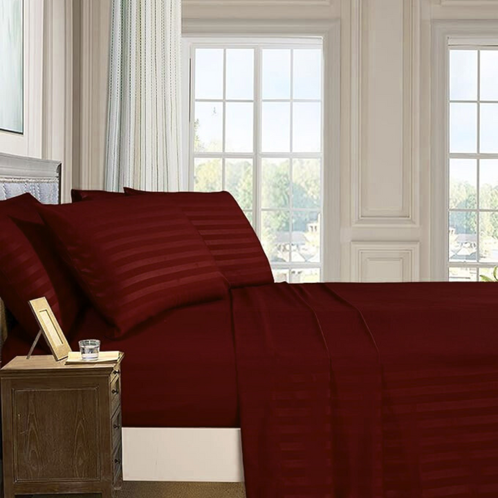 MAROON SATIN STRIPE BEDSHEET SET - 5 PCS