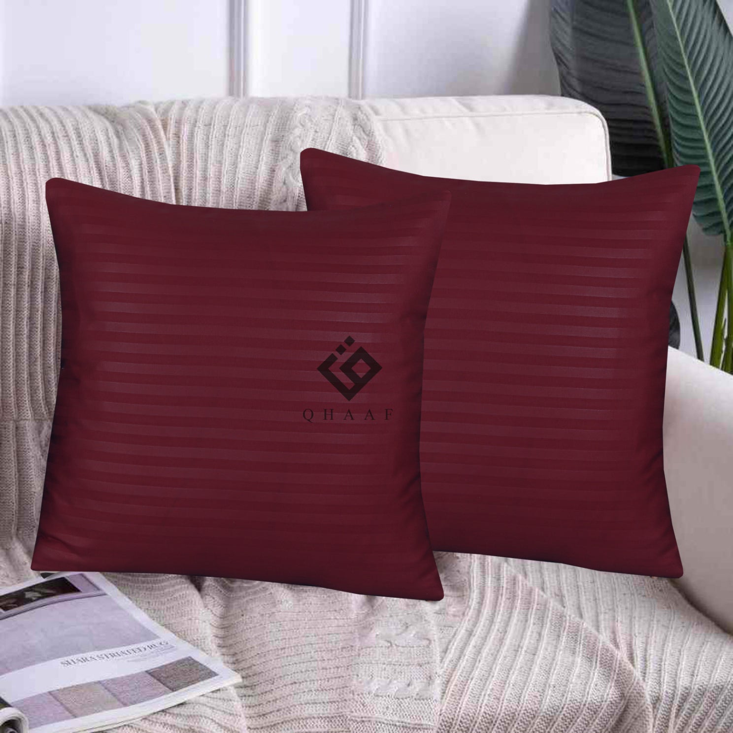 MAROON SATIN STRIPE CUSHION COVER (PACK OF 2 )